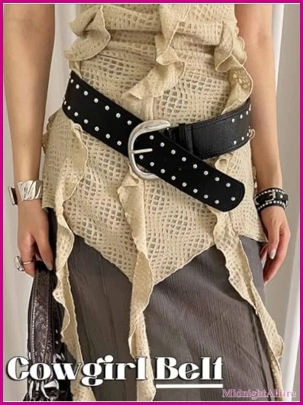 Punk Studded Wide Belt PU Leather Chunky Waist Belt Western Cowgirl
